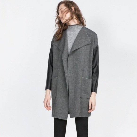 NWT Zara Gray Knit Draped Open Front Faux Black Leather Long Sleeve Coat - Picture 1 of 7